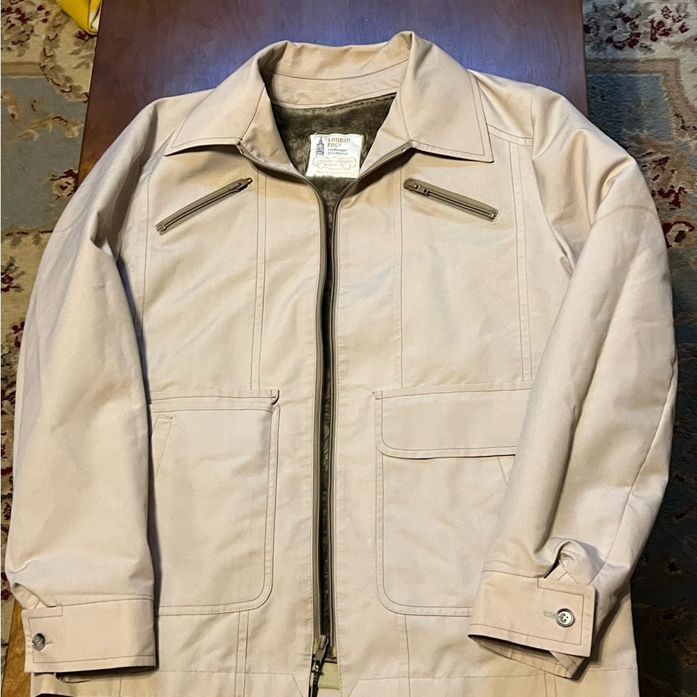 London Fog White & Gray Fluffy Lined Fur Jacket | LIGHT STAIN at collar & back